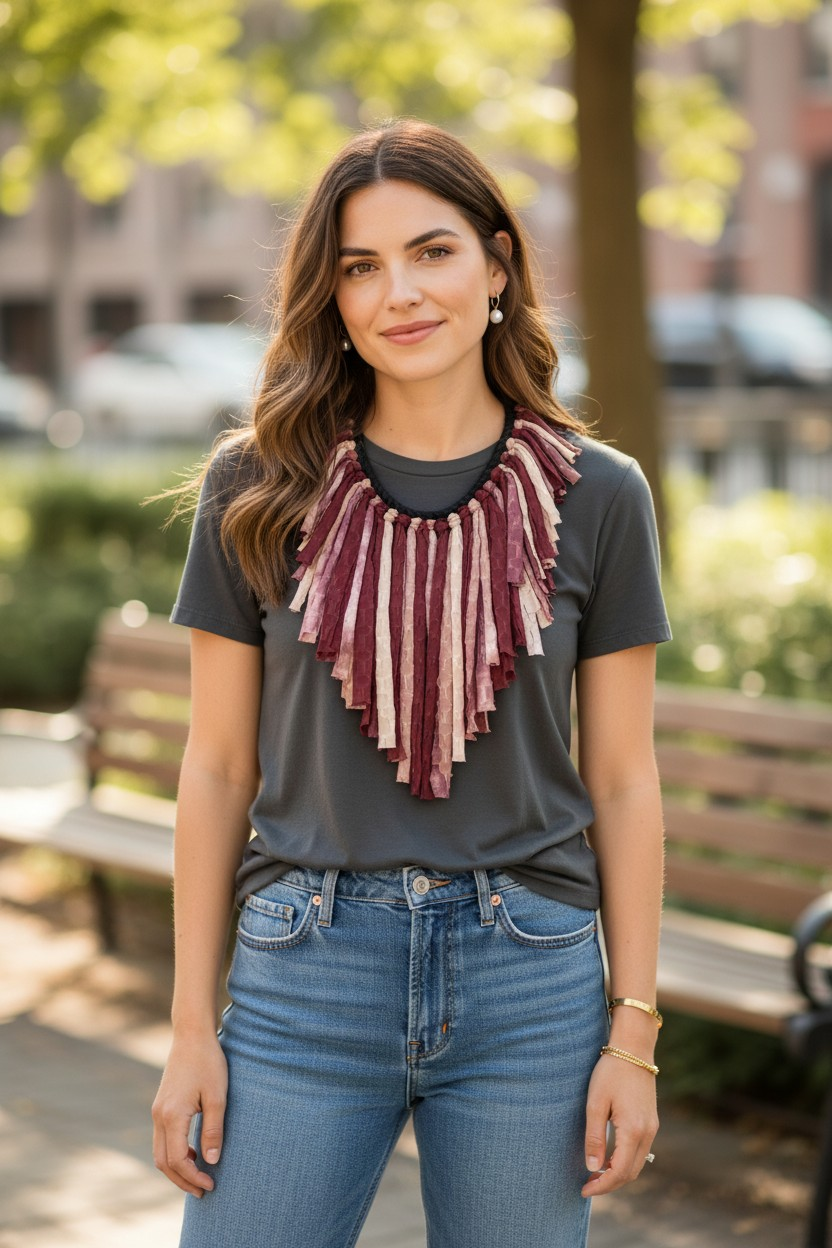 Tie Dye Wine and Pink Fringes Necklace