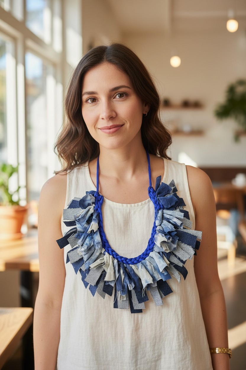 Denim and Tie Dye Fringes Necklace