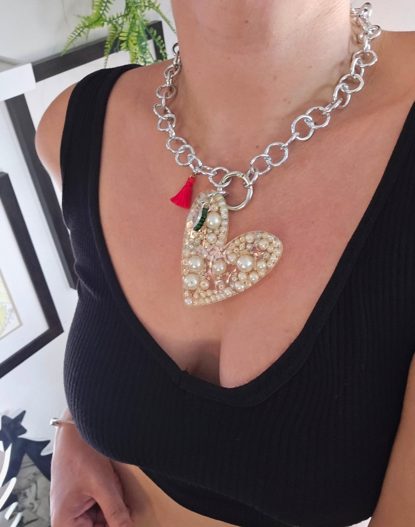 Silver and Pearls Heart Necklace