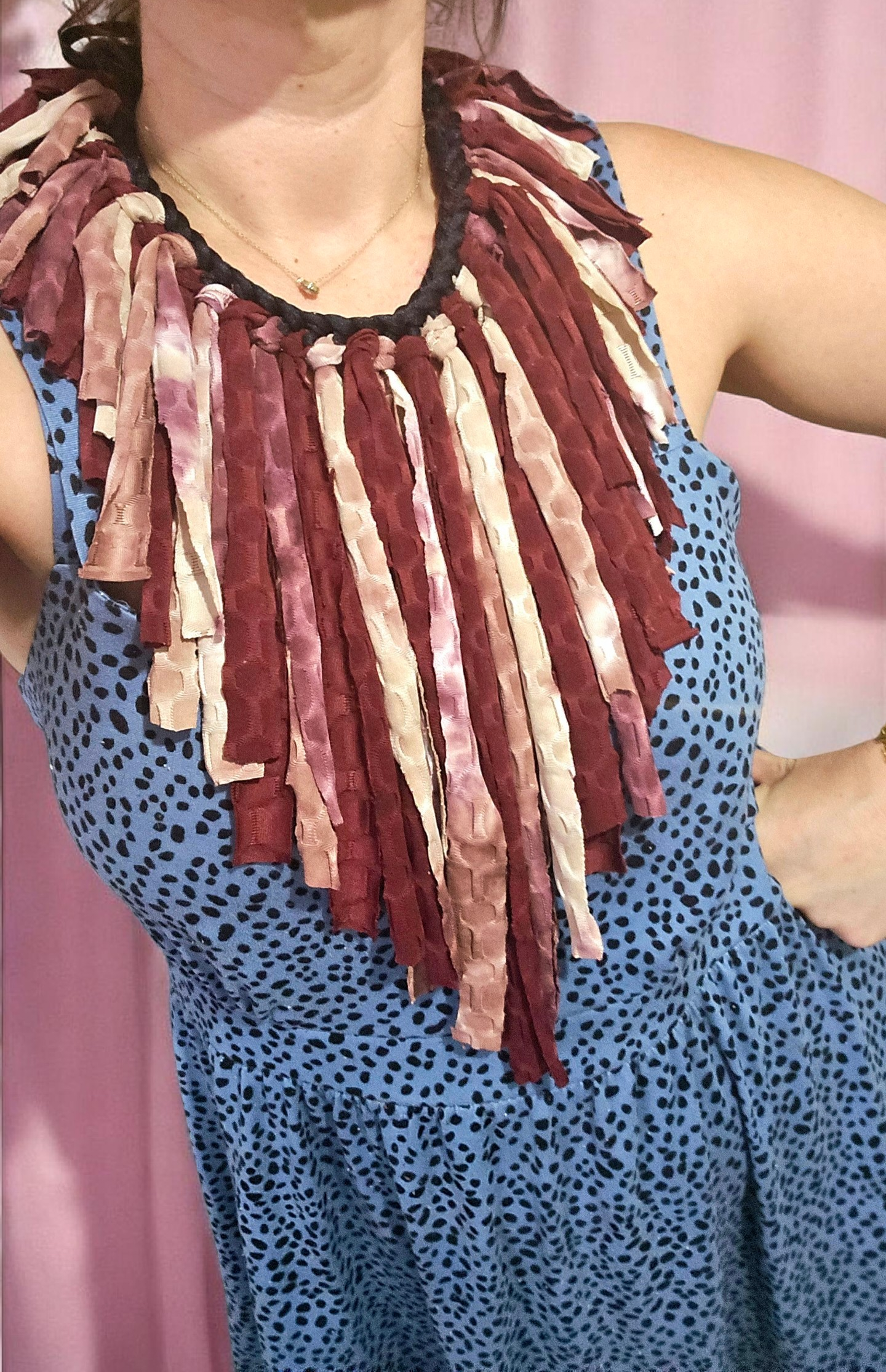 Tie Dye Wine and Pink Fringes Necklace