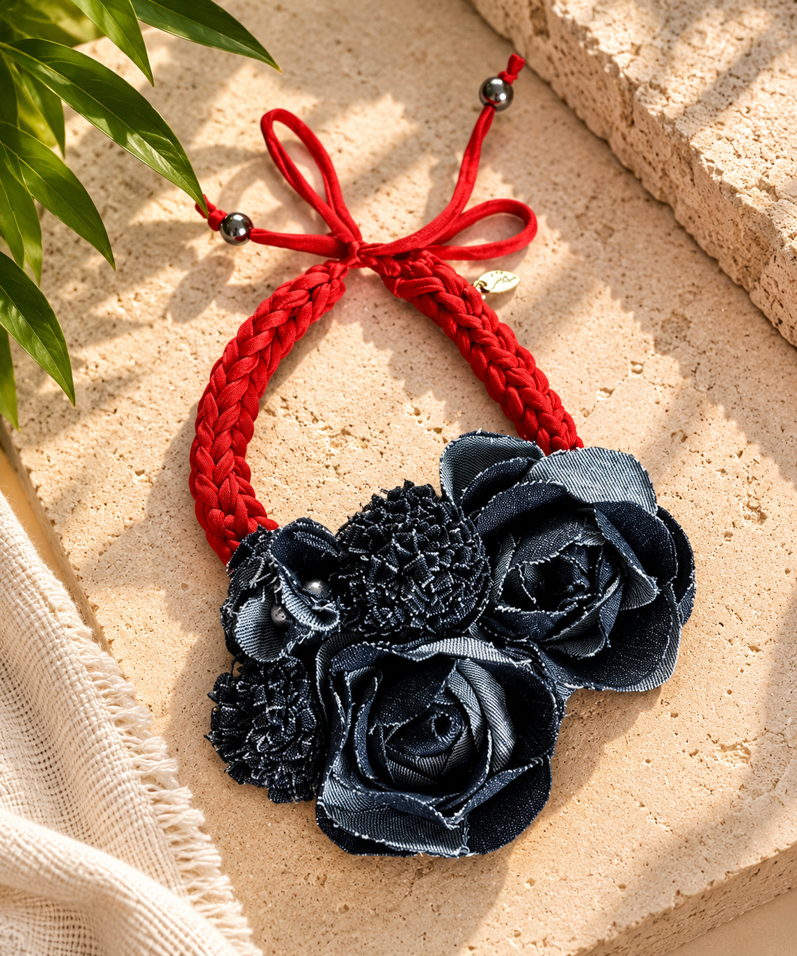 Denim and red flowers Necklace