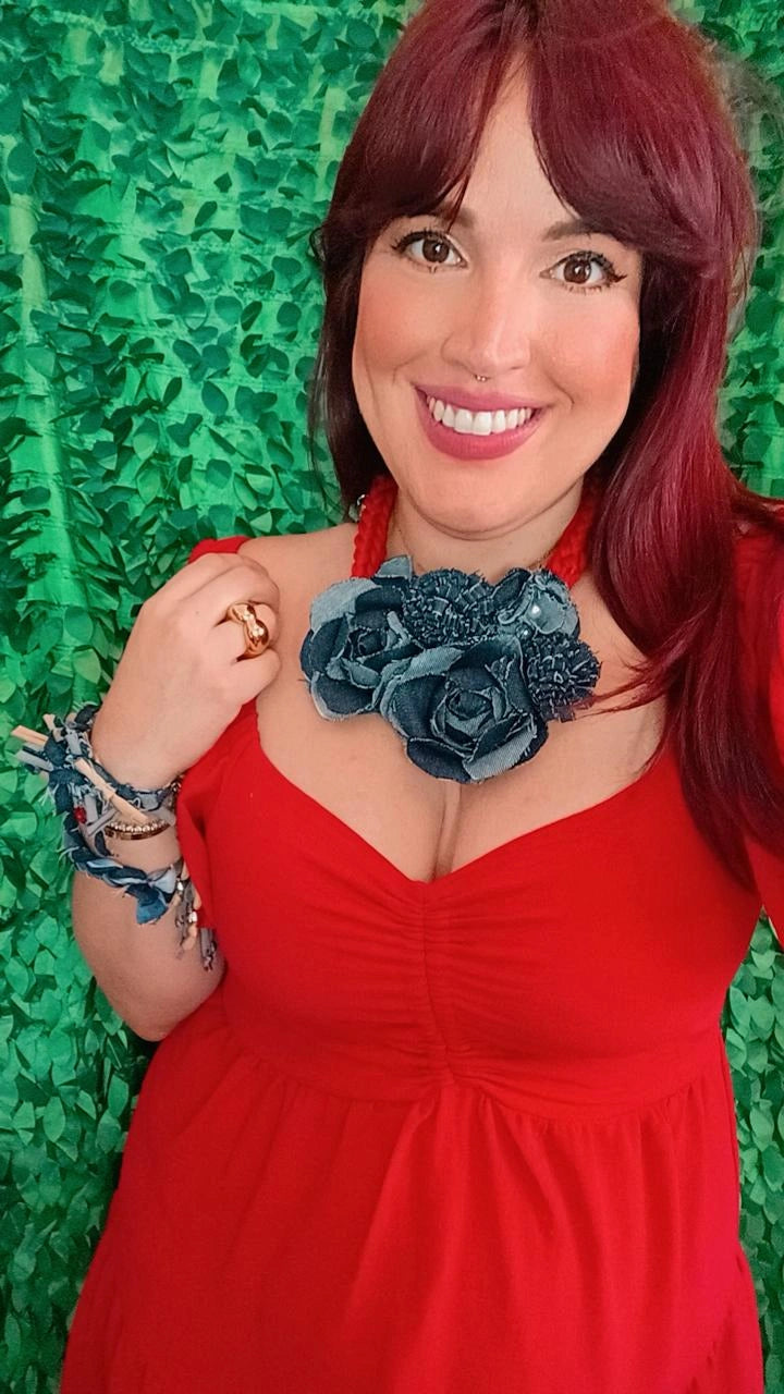 Denim and red flowers Necklace