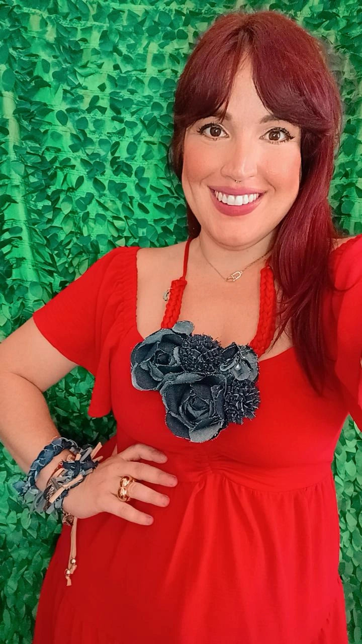 Denim and red flowers Necklace