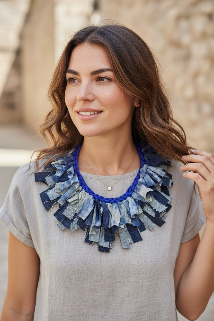 Denim and Tie Dye Fringes Necklace