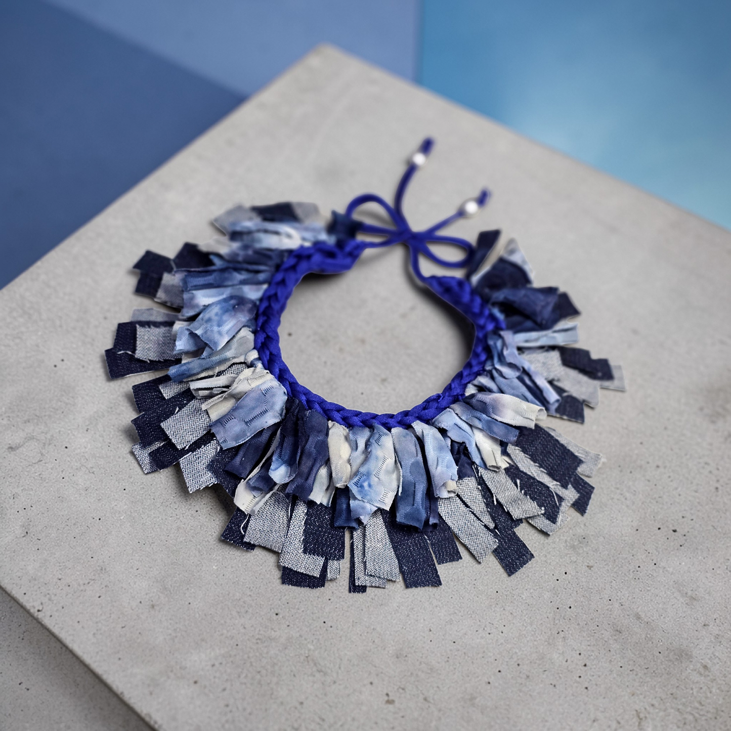Denim and Tie Dye Fringes Necklace