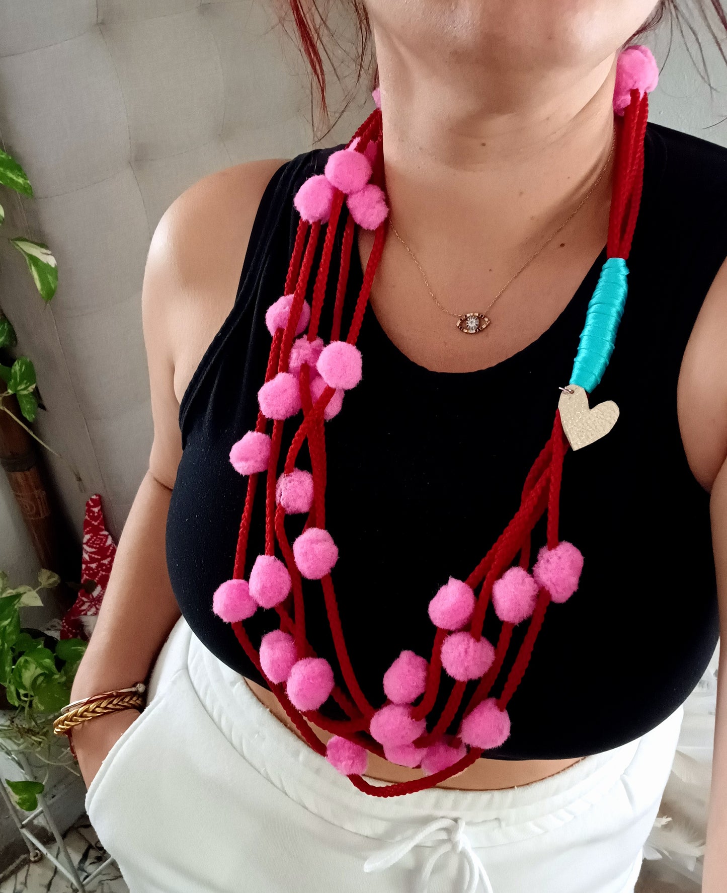 Pink & Red pompoms Necklace